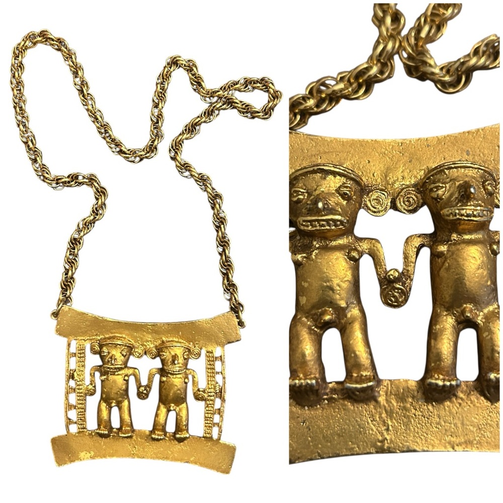 70s Vintage Alva Museum Diquis Costa Rican Figurine Large Pendant Necklace